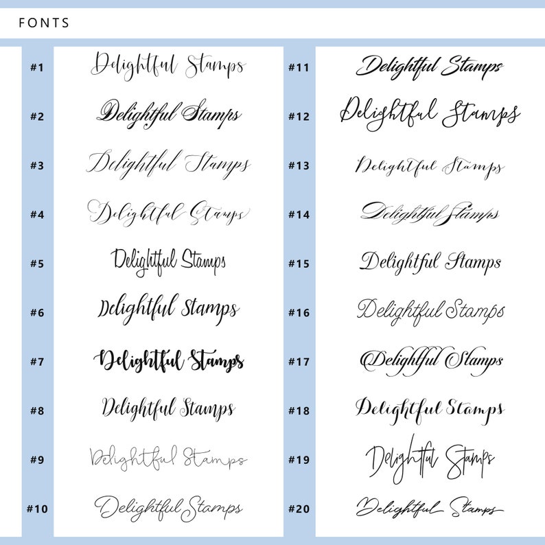 May include: A chart of 20 different font styles for the phrase "Delightful Stamps". Each font style is numbered 1 through 20.