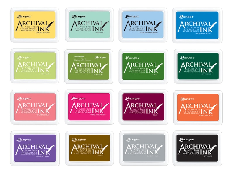 May include: A set of 12 archival ink pads in various colors. The ink pads are acid-free, permanent, and waterproof. The colors include:  Chrome Yellow,  Salmon,  Seafoam,  Sea Green,  Coral,  Vibrant Fuchsia,  Pistachio,  Grape Lemon,  Copper,  Coffee,  Majestic Violet, and Jet Black.