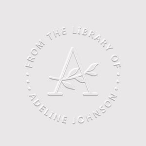May include: A circular embossed stamp design on a light gray background featuring a large capital letter A with a leafy branch across it. The text FROM THE LIBRARY OF and ADELINE JOHNSON is arranged in a circle around the central letter.