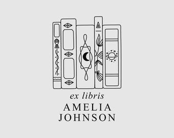 May include: A black and white line art illustration of five books standing side by side, featuring decorative symbols like a shell, moon, and planet. Below the books, the text reads ex libris followed by the name AMELIA JOHNSON in capital letters.