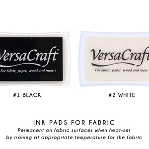 two sets of fabric ink pads, one in black and one in white, with text indicating their color and purpose.