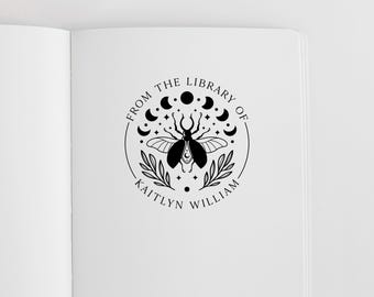 Moth and Moon Book Stamp Personalized | From the Library of Stamp | Rubber Stamp or Self Inking Stamp | Design: STL071