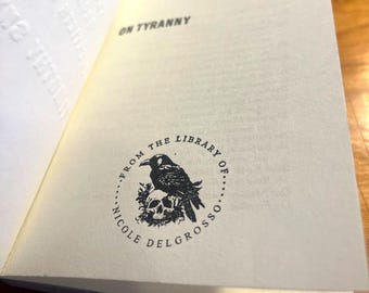 Personalized Raven Ex Libris Stamp or Embosser – Gothic Library Stamp with Skull Design, Self-Inking or Wood Stamp for Book Lovers | STL109