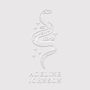 May include: A white snake with the text "ex libris" curled around it, with stars around the snake. The text "ADELINE JOHNSON" is below the snake.