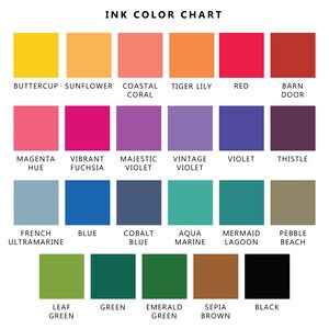 The image is an ink color chart that displays a variety of different ink colors, each with a corresponding name. The chart is organized into a grid with four rows and five columns, providing a visual representation of the available ink colors and their names.