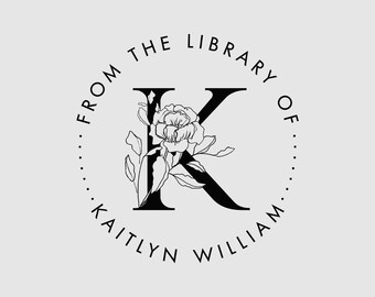 May include: A circular black and white stamp design featuring a large serif letter K intertwined with a detailed line art floral illustration. The text FROM THE LIBRARY OF and KAITLYN WILLIAM is printed in a circular border around the letter.