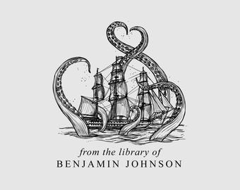 Kraken Buch Stempel Personalisiert | Kraken Exlibris Stempel | Stempel oder Selbstfarbwerk | Entwurf: STL080