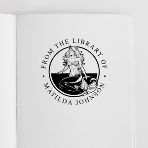 Mermaid Book Stamp Personalized | Nautical Book Plate | Library Stamp | Rubber Stamp, Self Inking Stamp or Embosser | Design: STL086 immagine 2