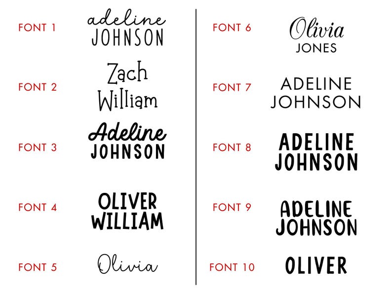 K&ouml;nnte beinhalten: Eine &Uuml;bersicht mit zehn verschiedenen schwarzen Schriftstilen, beschriftet von FONT 1 bis FONT 10. Die Textbeispiele enthalten Namen wie Adeline Johnson, Zach William, Oliver William, Olivia Jones und Oliver und zeigen verschiedene Schriftarten.