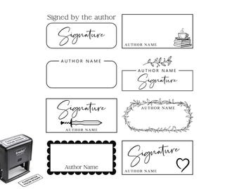 Könnte beinhalten: Ein schwarzer Selbstfärbestempel mit dem Text CUSTOMIZE YOUR STAMP und acht rechteckigen Designvorlagen, die die Wörter Signature und Author Name sowie Symbole eines Bücherstapels, eines Schwerts, einer Rankenbordüre und eines Herzens zeigen.