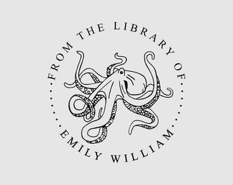 Octopus Library Book Stamp Personalized | Octopus Bookplate | Ex Libris Stamp | Rubber Stamp, Self Inking Stamp or Embosser | Design: STL104