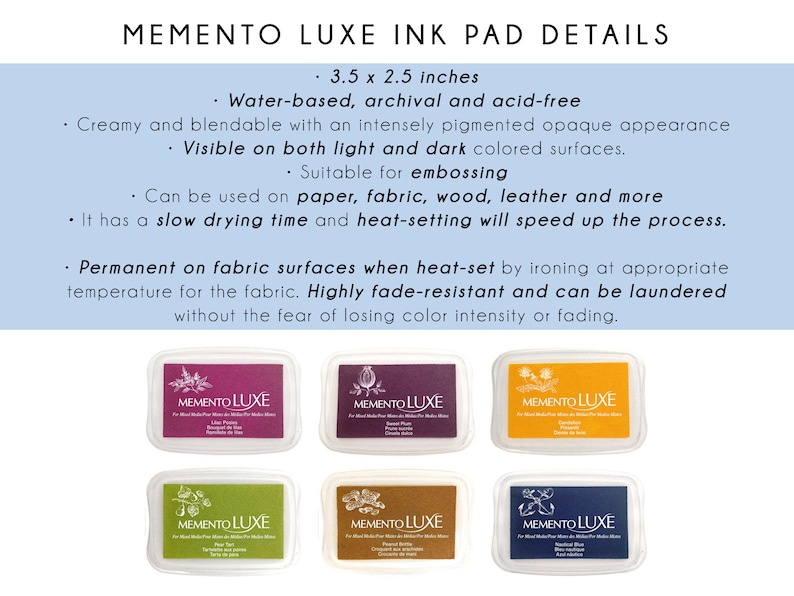 Fabric Ink Pad Permanent, Memento Luxe Ink Pads, Embossing Ink Pads, 12 Colors Available image 2