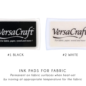 two sets of fabric ink pads, one in black and one in white, with text indicating their color and purpose.