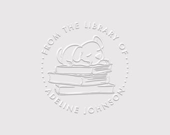 Sleeping Dog on Books Embossing Stamp Personalized | Cute Dog Book Stamp Custom | Rubber Stamp, Self Inking Stamp or Embosser | SKU: STL135
