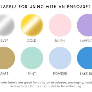 a collection of eight circular stickers in various colors, including silver, gold, pink, lavender, craft, mint, powder, and lake blue. These stickers are suitable for use on envelopes, packaging, cardboard, and surfaces that are not suitable for embossing.
