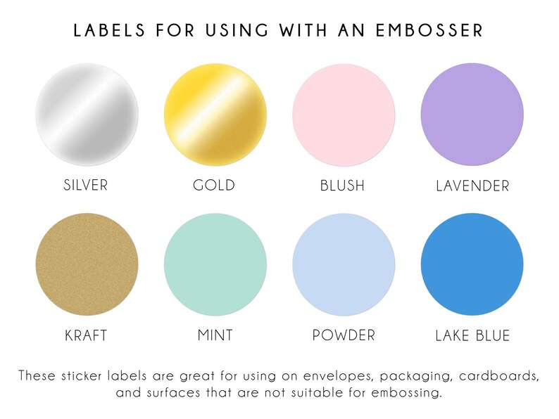 a collection of eight circular stickers in various colors, including silver, gold, pink, lavender, craft, mint, powder, and lake blue. These stickers are suitable for use on envelopes, packaging, cardboard, and surfaces that are not suitable for embossing.