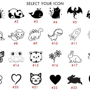 K&ouml;nnte beinhalten: Ein Raster aus vierundzwanzig schwarz-wei&szlig;en Symbolen, die mit roten Zahlen von 1 bis 24 unter der &Uuml;berschrift SELECT YOUR ICON beschriftet sind. Die Symbole umfassen einen Regenbogen, Panda, Wal, Katze, Drachen, LKW, Hund, Meerjungfrau, Dinosaurier und Mond.