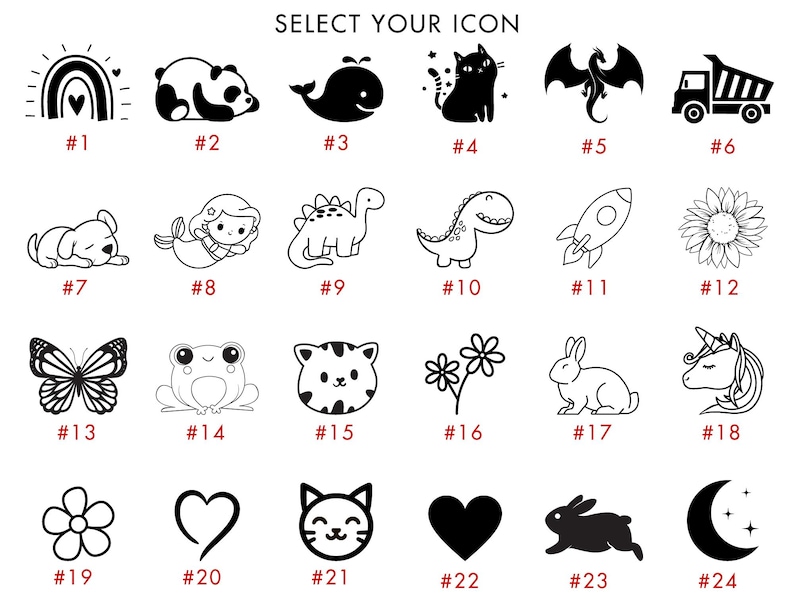 K&ouml;nnte beinhalten: Ein Raster aus vierundzwanzig schwarz-wei&szlig;en Symbolen, die mit roten Zahlen von 1 bis 24 unter der &Uuml;berschrift SELECT YOUR ICON beschriftet sind. Die Symbole umfassen einen Regenbogen, Panda, Wal, Katze, Drachen, LKW, Hund, Meerjungfrau, Dinosaurier und Mond.