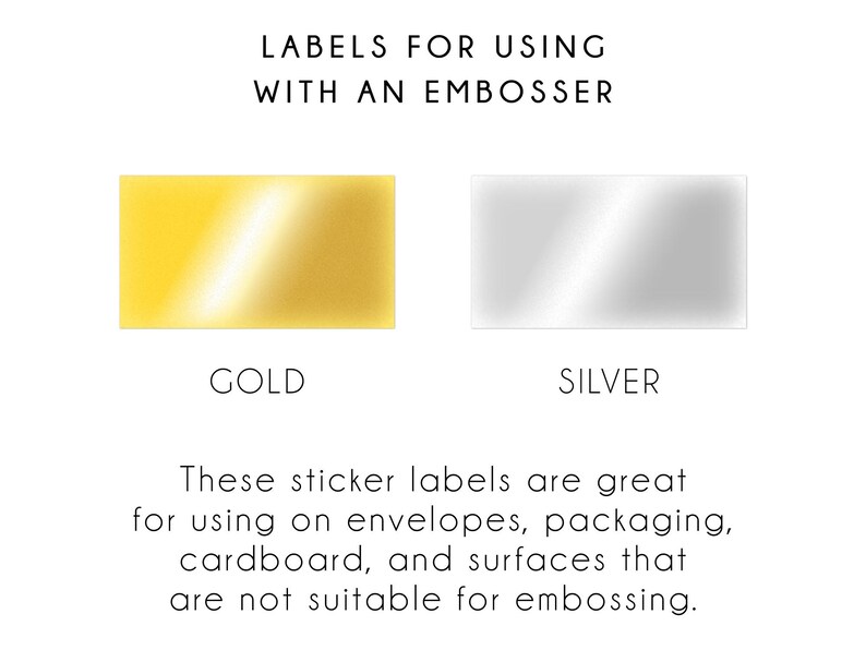 two sticker labels, one labeled as gold and the other as silver, along with text explaining that these stickers are great for use on envelopes, packaging, cardboard, and surfaces that are not suitable for embossing.