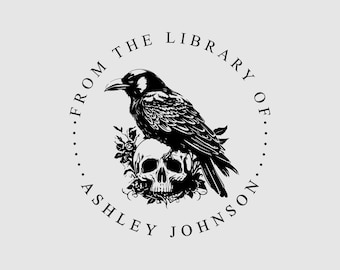 Horror Book Stamp Personalized | Raven on Skull Library Stamp Custom | Rubber Stamp or Self Inking Stamp | Design: STL109