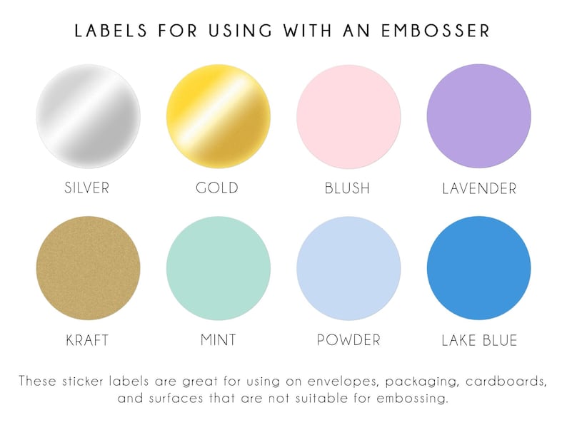 a collection of eight circular stickers in various colors, including silver, gold, pink, lavender, craft, mint, powder, and lake blue. These stickers are suitable for use on envelopes, packaging, cardboard, and surfaces that are not suitable for embossing.