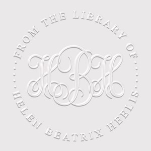 May include: A circular white embossed stamp design featuring the monogram HBH in the center. The text FROM THE LIBRARY OF is arched across the top, and the name HELEN BEATRIX HEELIS is arched across the bottom, separated by small dots.