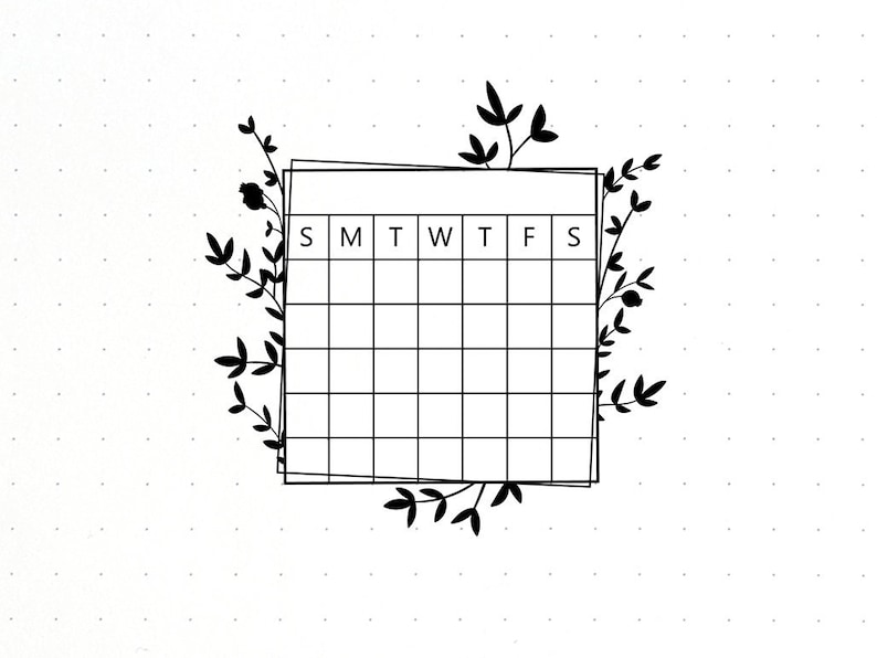 May include: A black and white weekly planner with a floral border. The planner has a grid layout with the days of the week labeled: S, M, T, W, T, F, S.