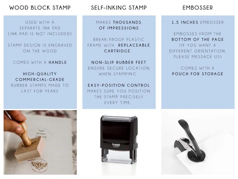The image is a collage of three different types of stamps: a wood block stamp, a self-inking stamp, and an embosser.