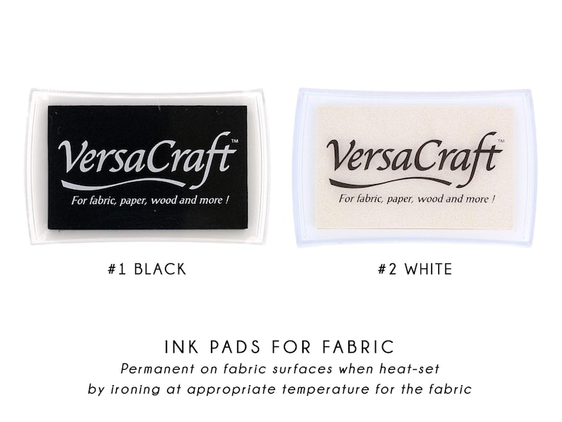 two sets of fabric ink pads, one in black and one in white, with text indicating their color and purpose.