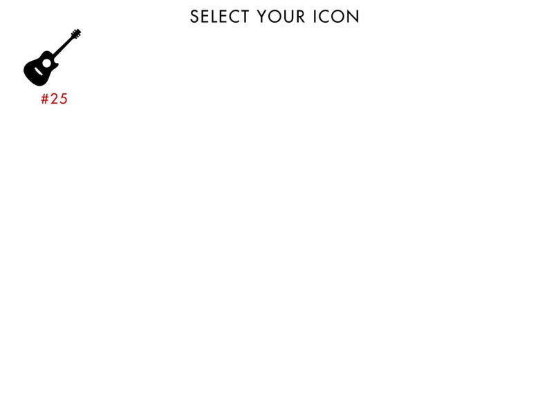 K&ouml;nnte beinhalten: Ein schwarzes Silhouetten-Symbol einer akustischen Gitarre in der oberen linken Ecke, begleitet von dem roten Text #25 darunter. In der oberen Mitte des Bildes befindet sich der schwarze Text SELECT YOUR ICON in einer serifenlosen Schrift.