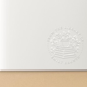 Book Embosser Personalized | Coffee Cup on a Book Stack | Rubber Stamp, Self Inking Stamp or Embosser | SKU: STL136