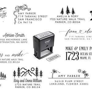 May include: A black self-inking rubber stamp with the text CUSTOMIZE YOUR STAMP on the top label. The stamp is surrounded by various black and white address stamp designs featuring names, street addresses, and illustrations like trees, cats, and palms.