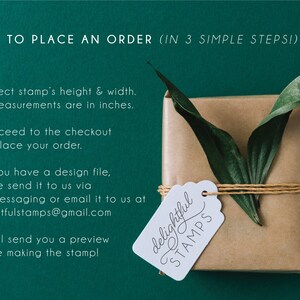May include: A brown paper parcel tied with twine and decorated with green leaves. A white tag with the text "delightful STAMPS" is attached to the parcel. The text "HOW TO PLACE AN ORDER (IN 3 SIMPLE STEPS!)" is visible at the top of the image. The text below the image describes how to place an order for custom stamps.