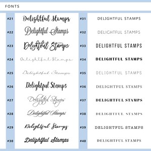 K&ouml;nnte beinhalten: Eine Tabelle mit 20 verschiedenen Schriftarten f&uuml;r den Satz "Delightful Stamps". Die Schriftarten reichen von Schreibschrift bis zu Blockbuchstaben.