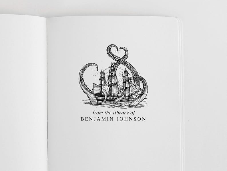 Kraken Book Stamp Personalized | Kraken Bookplate Stamp | Rubber Stamp or Self Inking | Design: STL080 image 2