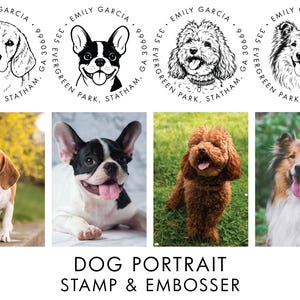 May include: A set of four circular custom address stamps featuring black and white line art illustrations of a beagle, a French bulldog, a poodle, and a collie, each paired with a corresponding color photograph of the same dog breed below.