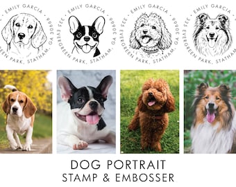 May include: A set of four circular custom address stamps featuring black and white line art illustrations of a beagle, a French bulldog, a poodle, and a collie, each paired with a corresponding colour photograph of the same dog breed below.