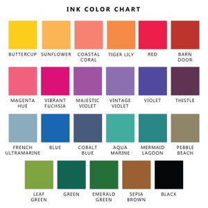 The image is an ink color chart that displays a variety of different ink colors, each with a corresponding name. The chart is organized into a grid with four rows and five columns, providing a visual representation of the available ink colors and their names.