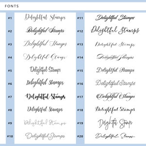 K&ouml;nnte beinhalten: Eine Tabelle mit 20 verschiedenen Schriftarten f&uuml;r den Satz "Delightful Stamps". Jede Schriftart ist von 1 bis 20 nummeriert.