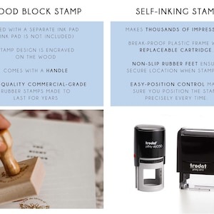 two types of stamping machines: a wood block stamp and a self-inking stamp. The wood block stamp is used with a separate ink pad and is engraved on the wood, while the self-inking stamp comes with a handle and is designed to be used with a rubber stamp. Both types of stamps are used for making thousands of impressions and are made of high-quality rubber. The wood block stamp is used for stamping paper, while the self-inking stamp is used for stamping rubber.