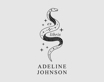 May include: A black and white graphic illustration of a snake winding vertically, decorated with small stars and dots. The text ex libris is positioned in the center, and the name ADELINE JOHNSON is printed in capital letters at the bottom.