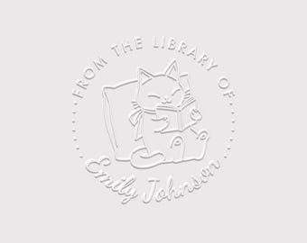 Personalized Cat Book Embosser Stamp | Kawaii Cat Personal Library Stamp | Rubber Stamp, Self Inking Stamp or Embosser | SKU: STL155