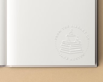 Minimalist Book Embosser Personalized | Coffee Cup on Book Stack | Dark Academia | Rubber Stamp, Self Inking Stamp or Embosser | SKU: STL137