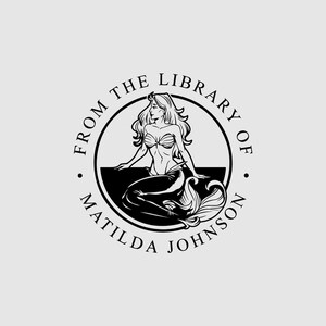 Mermaid Book Stamp Personalized | Nautical Book Plate | Library Stamp | Rubber Stamp, Self Inking Stamp or Embosser | Design: STL086 immagine 1