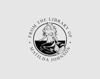 Mermaid Book Stamp Personalized | Nautical Book Plate | Library Stamp | Rubber Stamp, Self Inking Stamp or Embosser | Design: STL086