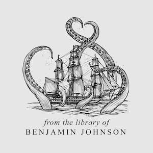 Kraken Book Stamp Personalized | Kraken Bookplate Stamp | Rubber Stamp or Self Inking | Design: STL080 image 1