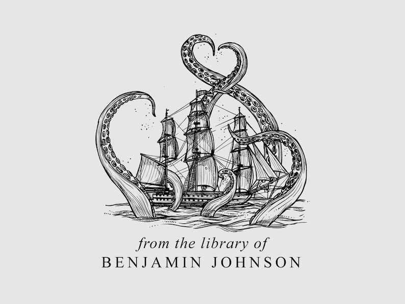 Kraken Book Stamp Personalized | Kraken Bookplate Stamp | Rubber Stamp or Self Inking | Design: STL080 image 1