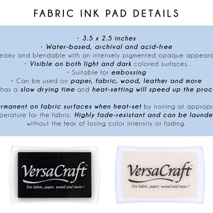 text and two images, one of which is a fabric ink pad. The text provides details about the fabric ink pad, including its dimensions, material, and properties.