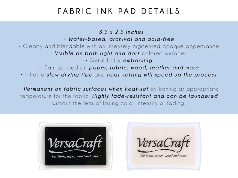 text and two images, one of which is a fabric ink pad. The text provides details about the fabric ink pad, including its dimensions, material, and properties.