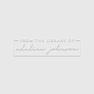 May include: A rectangular white frame containing the text "FROM THE LIBRARY OF" in a clean, sans-serif font, positioned above the name "adeline johnson" written in a flowing, cursive script. The entire design is presented in white on a light gray background.